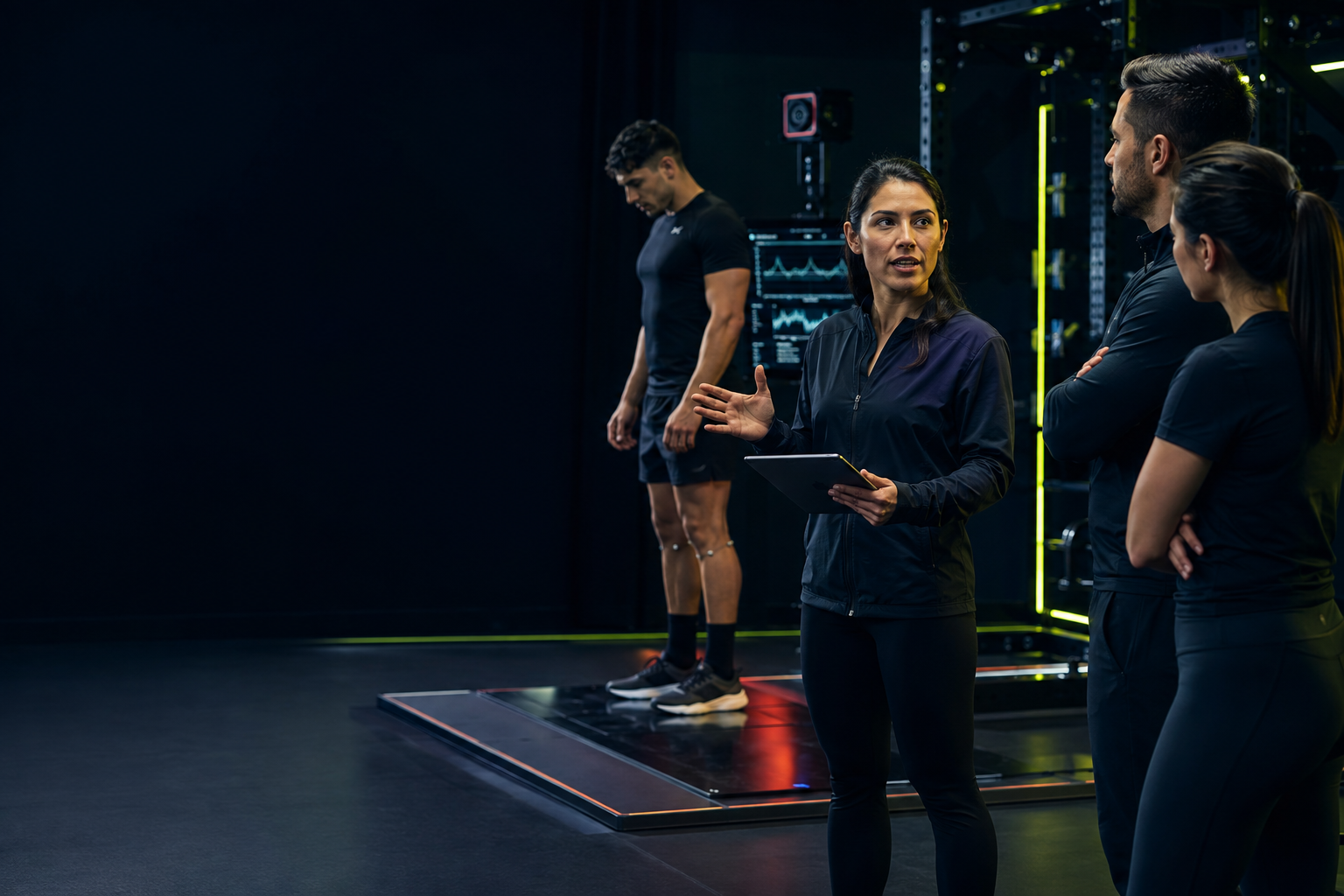 Entrenadora enseñando análisis de rendimiento en un laboratorio deportivo